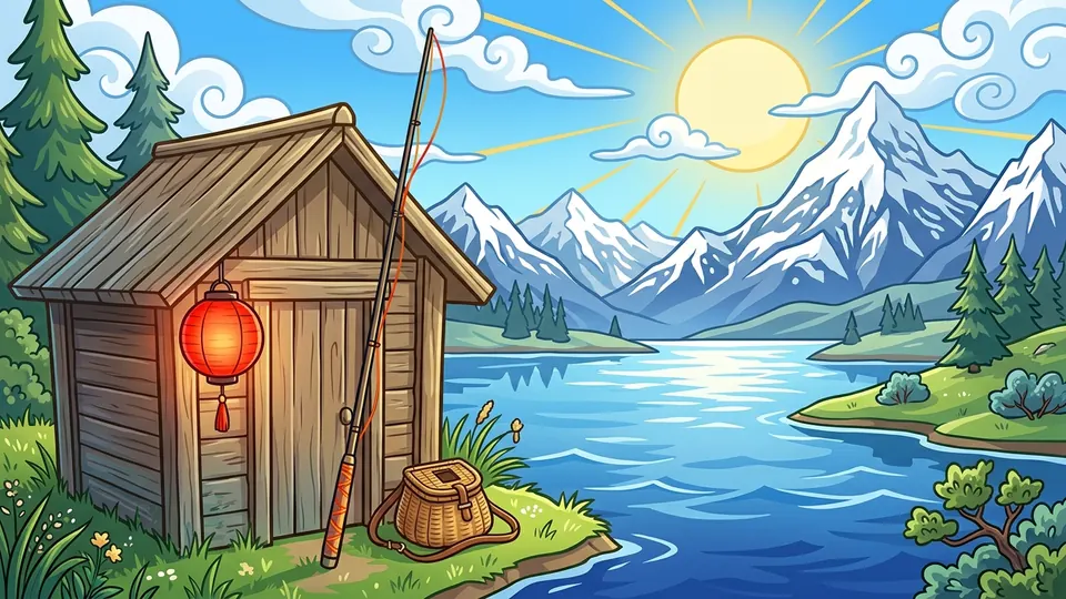 Illustrazione a colori: una capanna di legno in riva al lago alpino con una lanterna rossa, una canna da tenkara e un cestino di vimini.