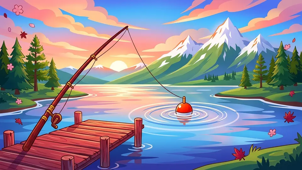 Illustrazione a colori: un molo di legno all'alba, una canna tesa sull'acqua e un galleggiante rosso al centro dei cerchi.