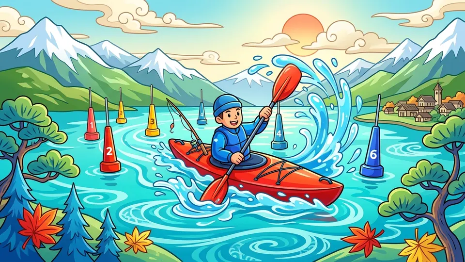 Illustrazione a colori: un kayak rosso passa tra le boe di un lago di montagna sollevando spruzzi con la pagaia.
