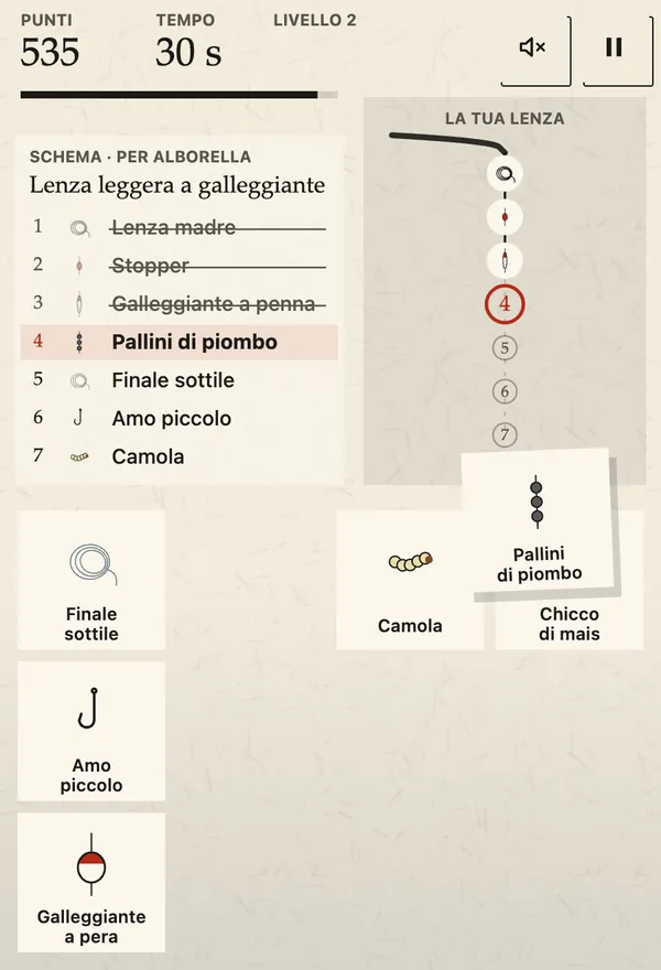 Schermata di Monta la Lenza su un telefono in verticale, durante una sessione di gioco.