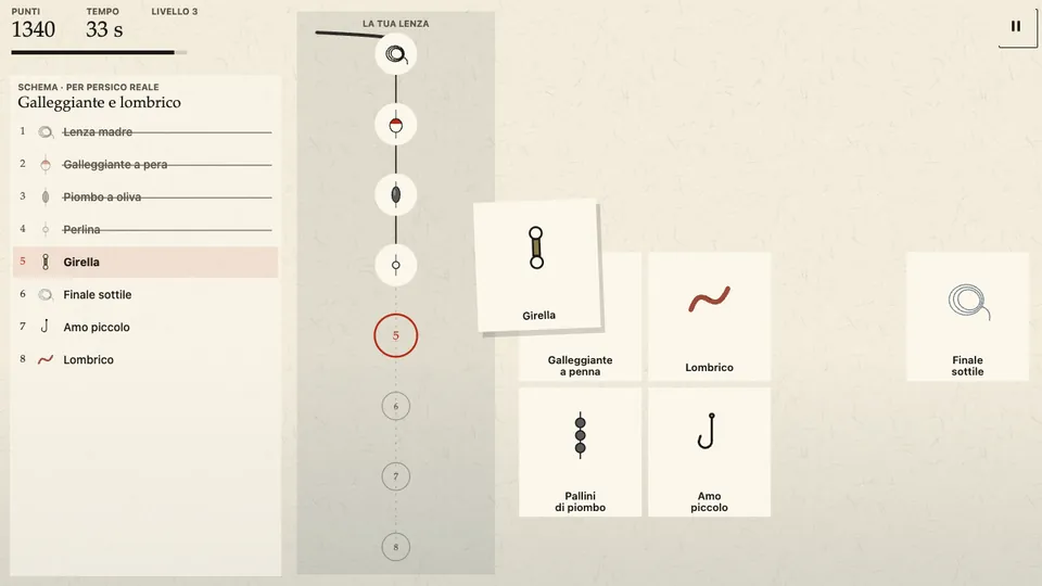 Schermata di Monta la Lenza su uno schermo largo, durante una sessione di gioco.